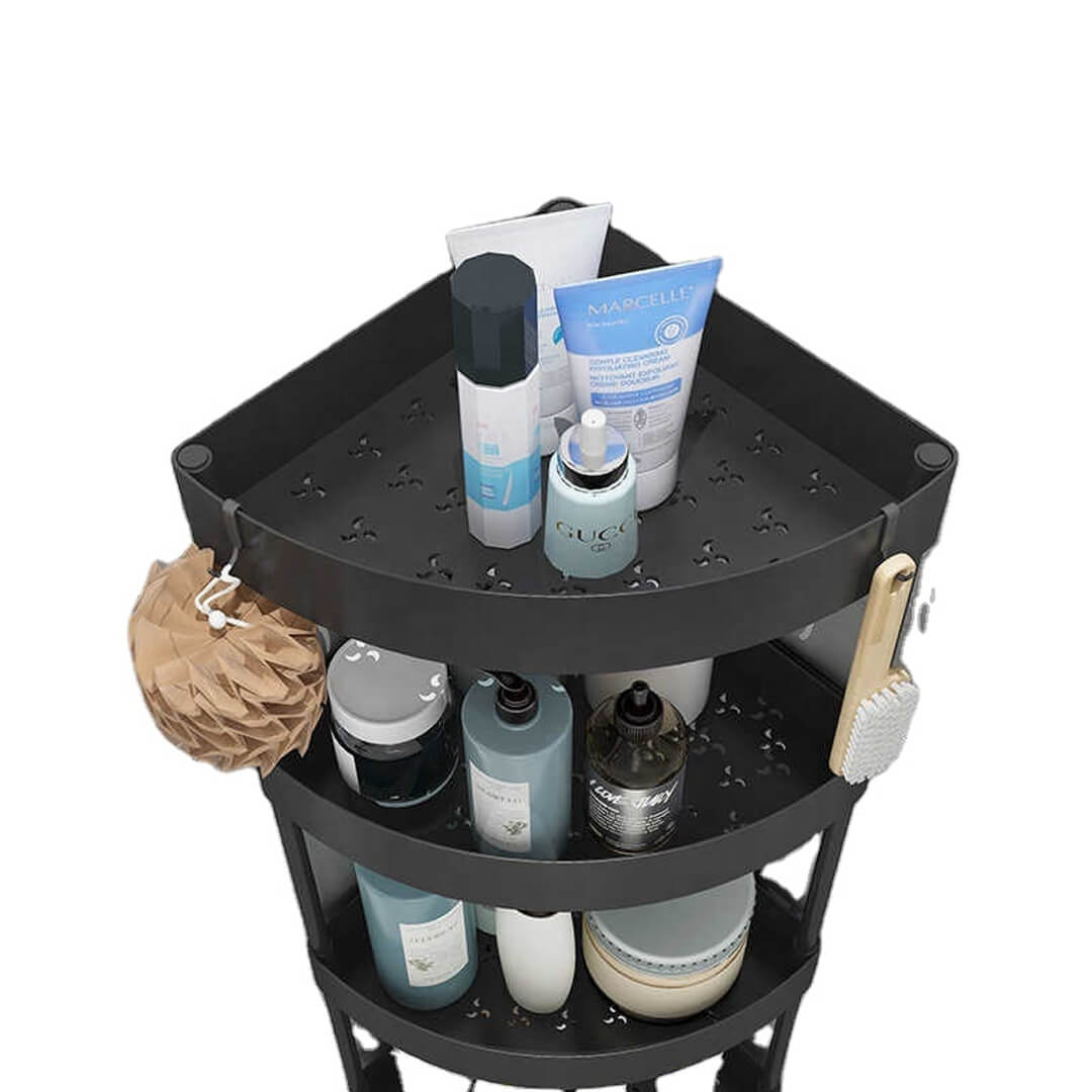 Plastic corner shelf organizer with wheels