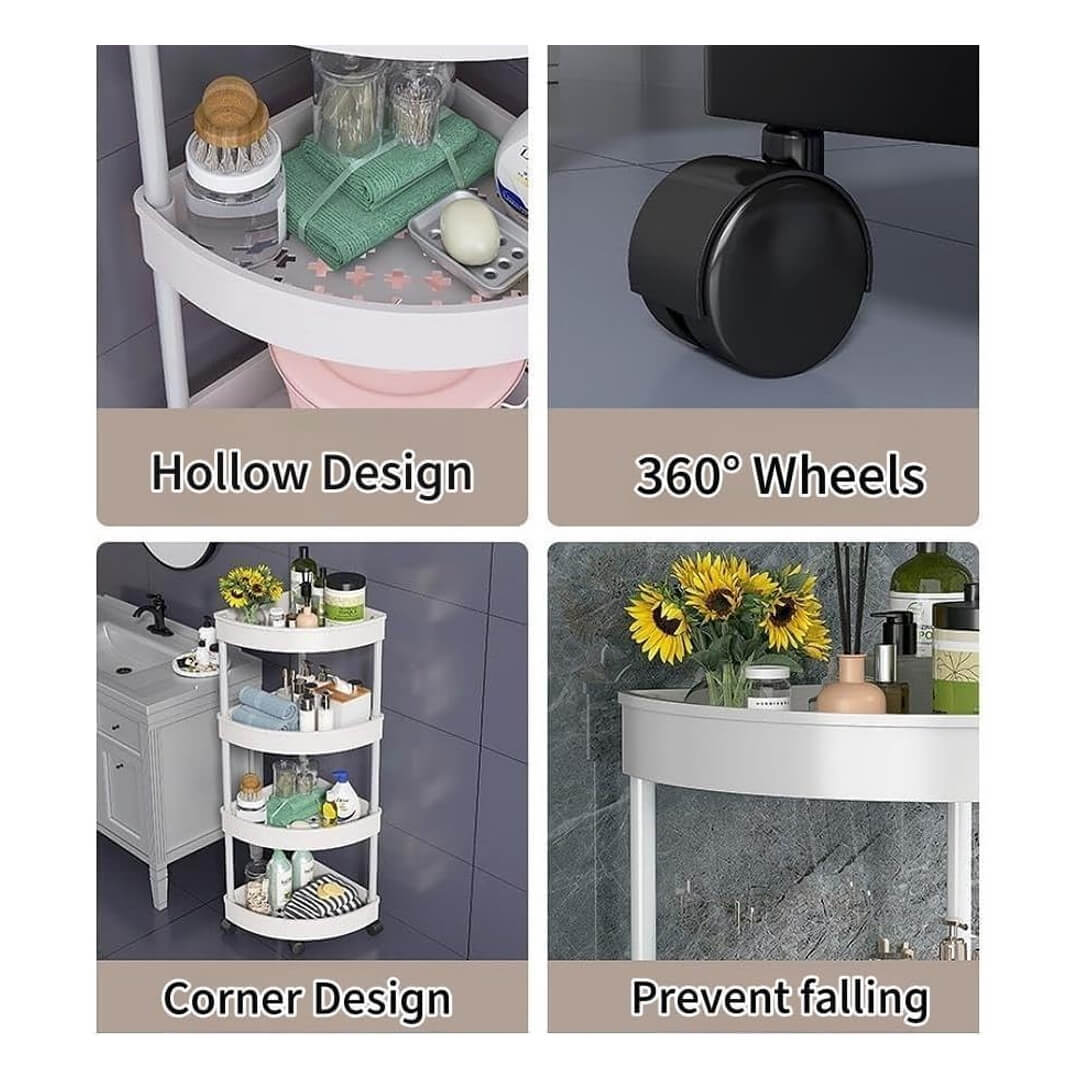 Rolling corner organizer shelf for toiletries and supplies