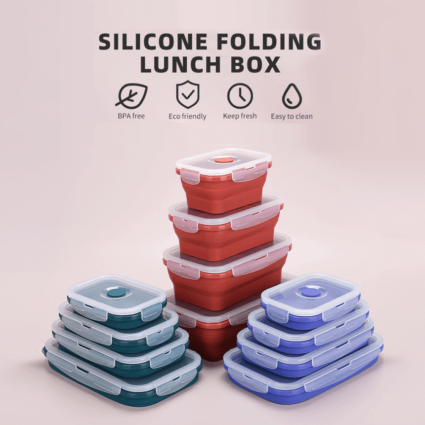 Compact collapsible food storage silicone boxes, 4-piece