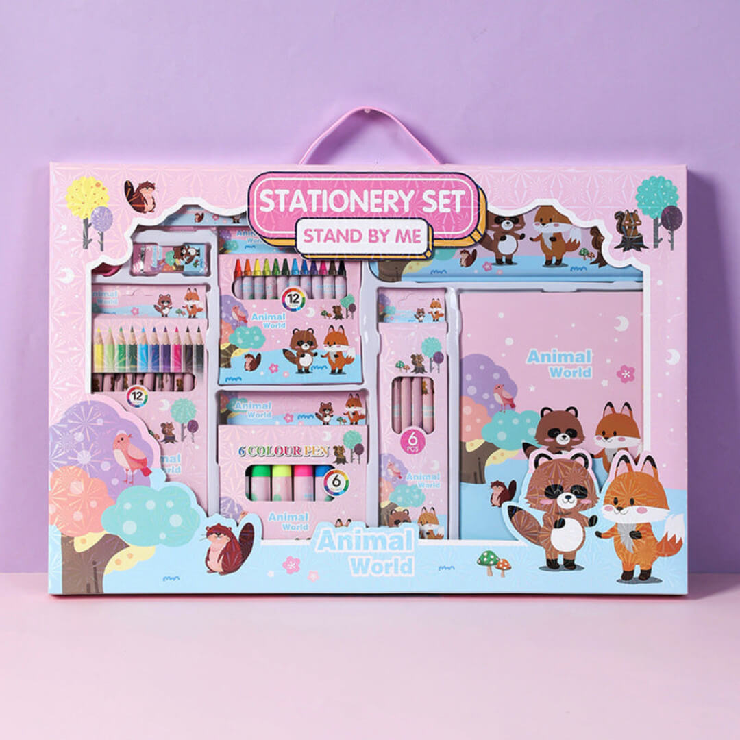 41-piece animal world theme kids coloring set with pencils, markers, and stationery.