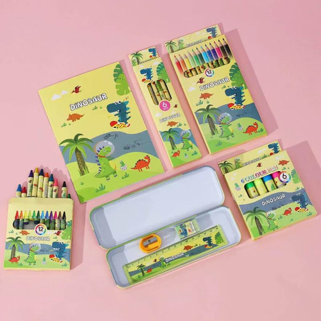 Dinosaur kids' coloring set showing crayons, pencils, and markers.