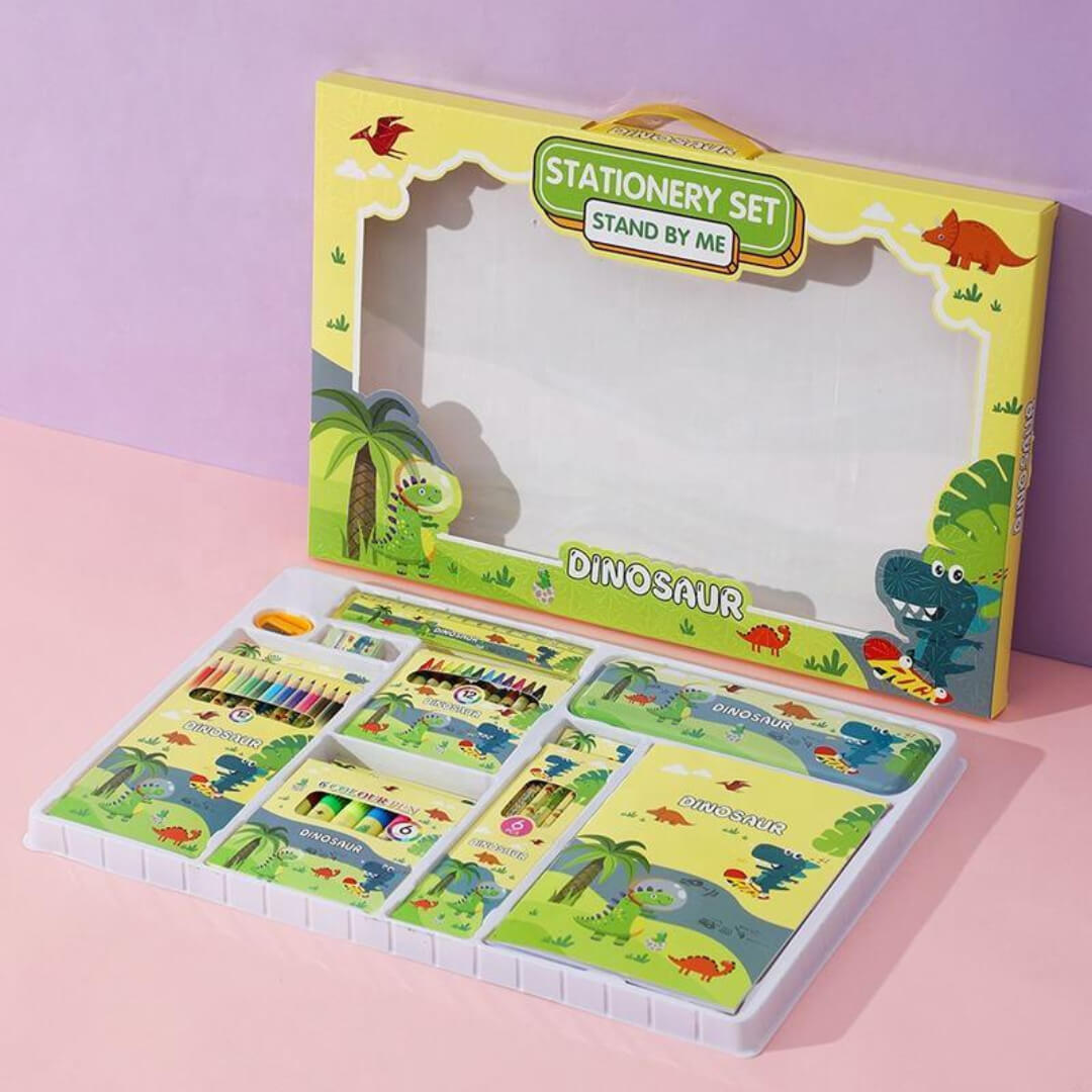 Stationery and coloring set with dinosaur theme.