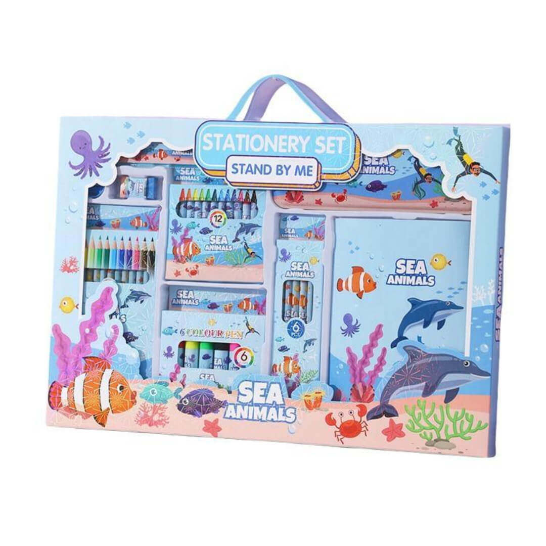 41-piece Seaworld theme kids coloring set with pencils, markers, and stationery.