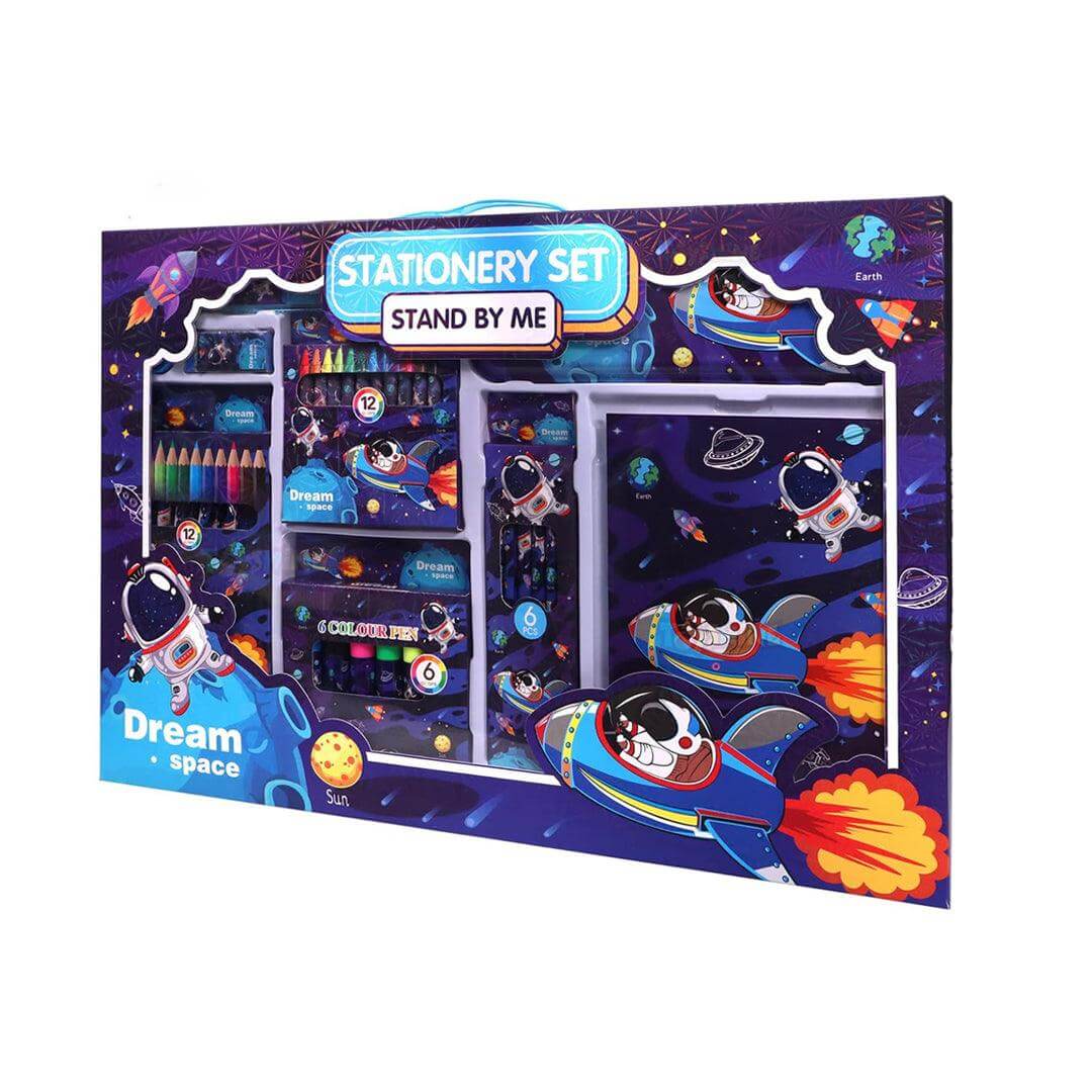 41-piece astronaut theme kids coloring set with pencils, markers, and stationery.
