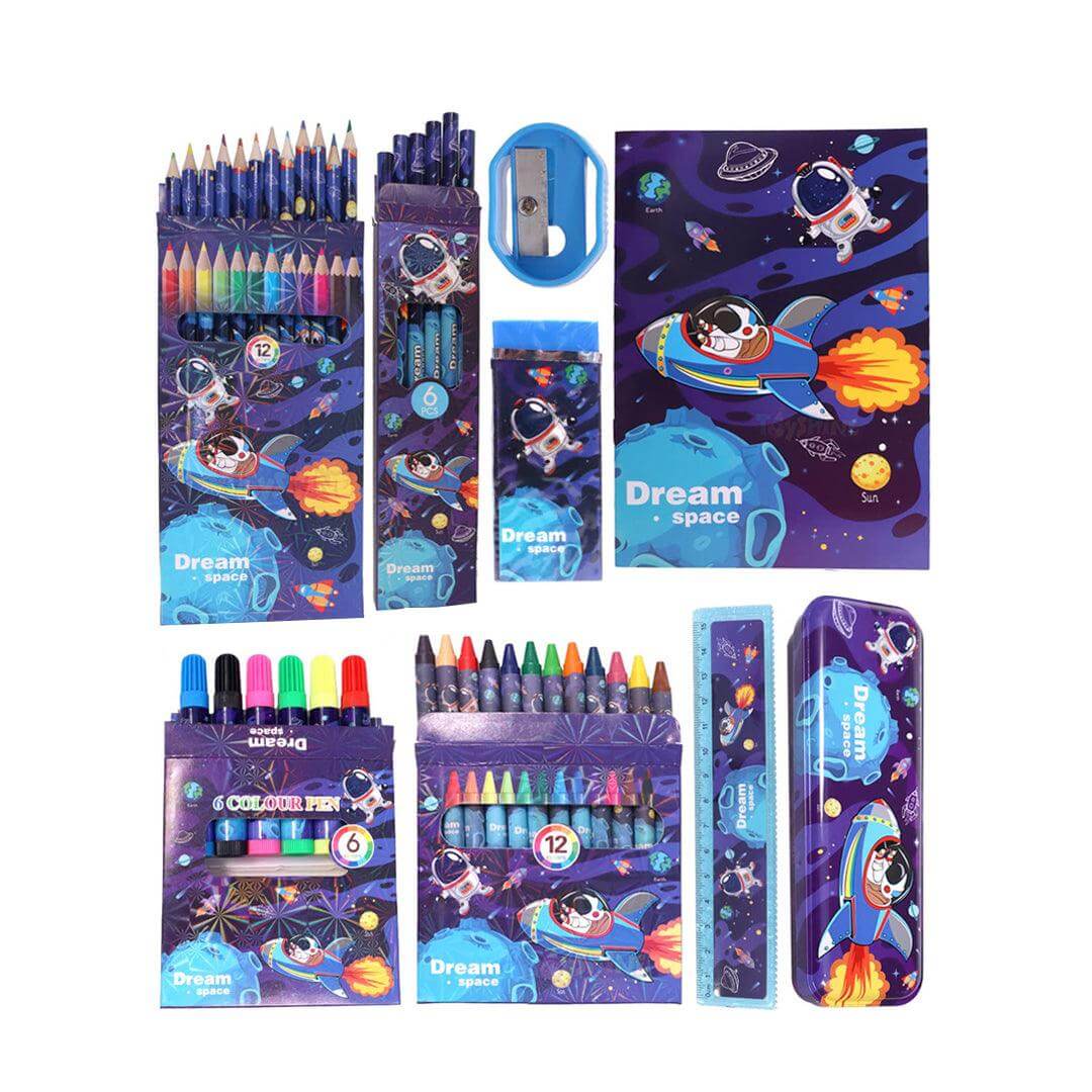 Collection of space-themed stationery including colored pencils, crayons, and a sharpener.