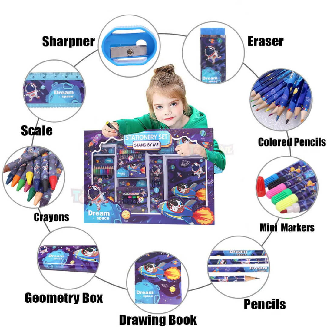 Astronaut-themed kids' coloring set with markers, coloring pens and pencils.