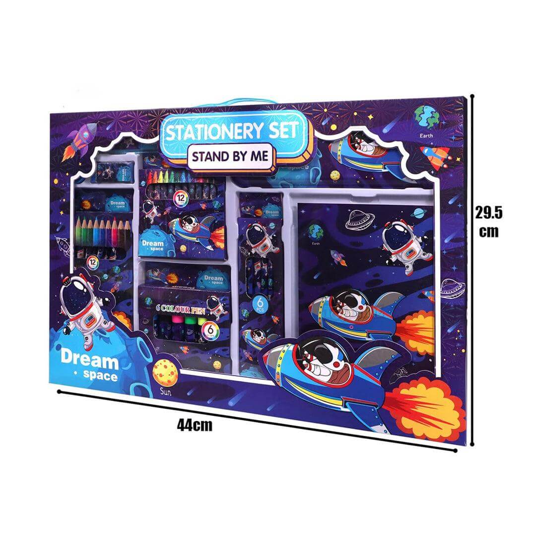 Stationery and coloring set packaging with space-themed design, dimensions