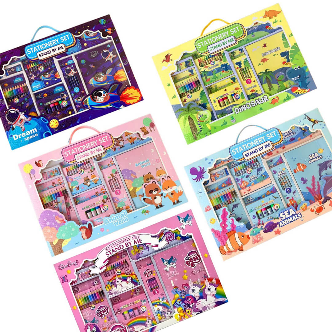 41-piece kids coloring set with pencils, crayons, markers, and notebook.