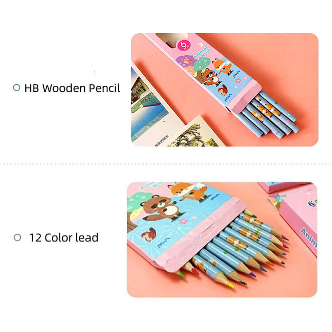 Set of HB wooden pencils and 12 colored lead pencils in cartoon designs.