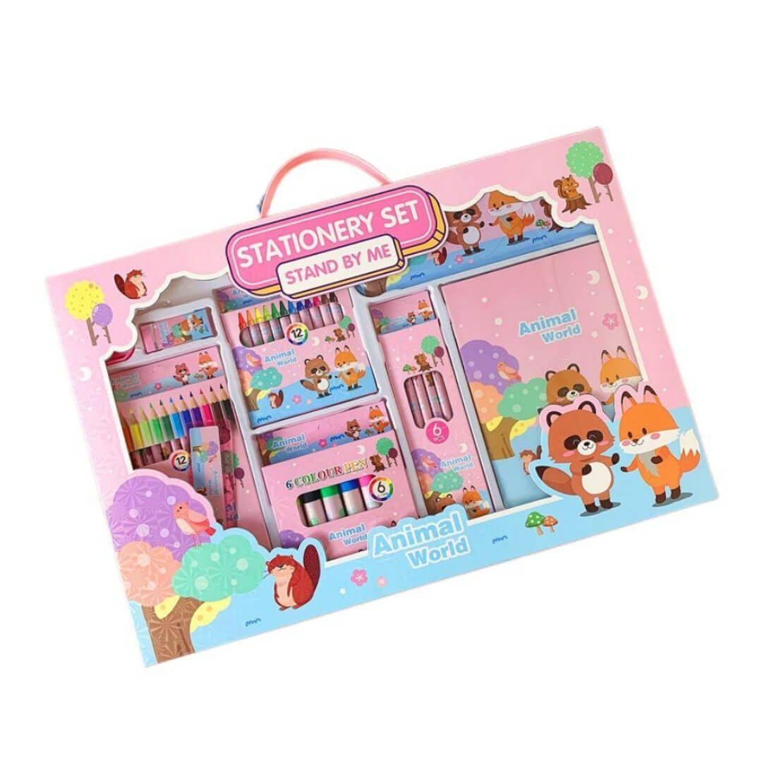 41-piece Stationery set packaging with animal-themed design 