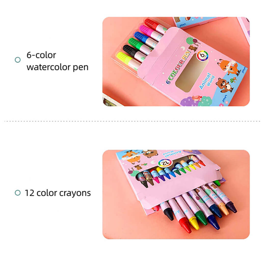 Set of 6-color watercolor pens and 12-color crayons in cute animals design