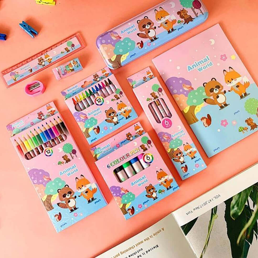 Cute animals coloring set for kids with playful animal designs and markers.