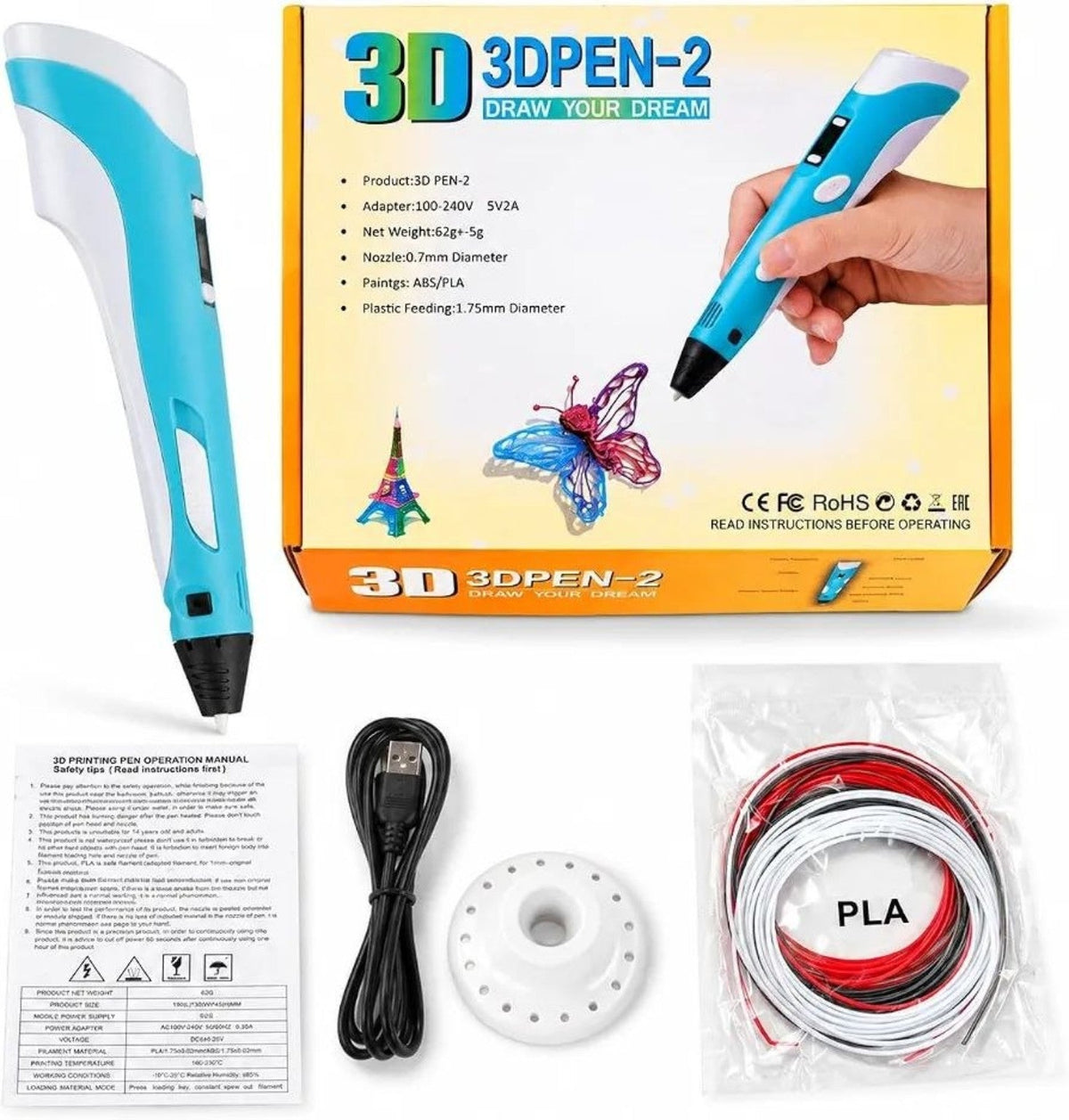 3D PEN-2 blue 3D printing pen set with box, USB cable, stand, filament and manual