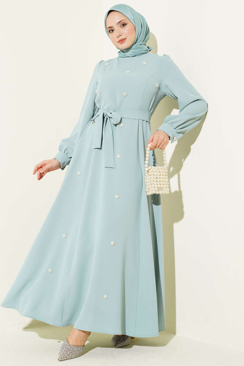Premium Quality Mint Green Dress with Pearl Flowers