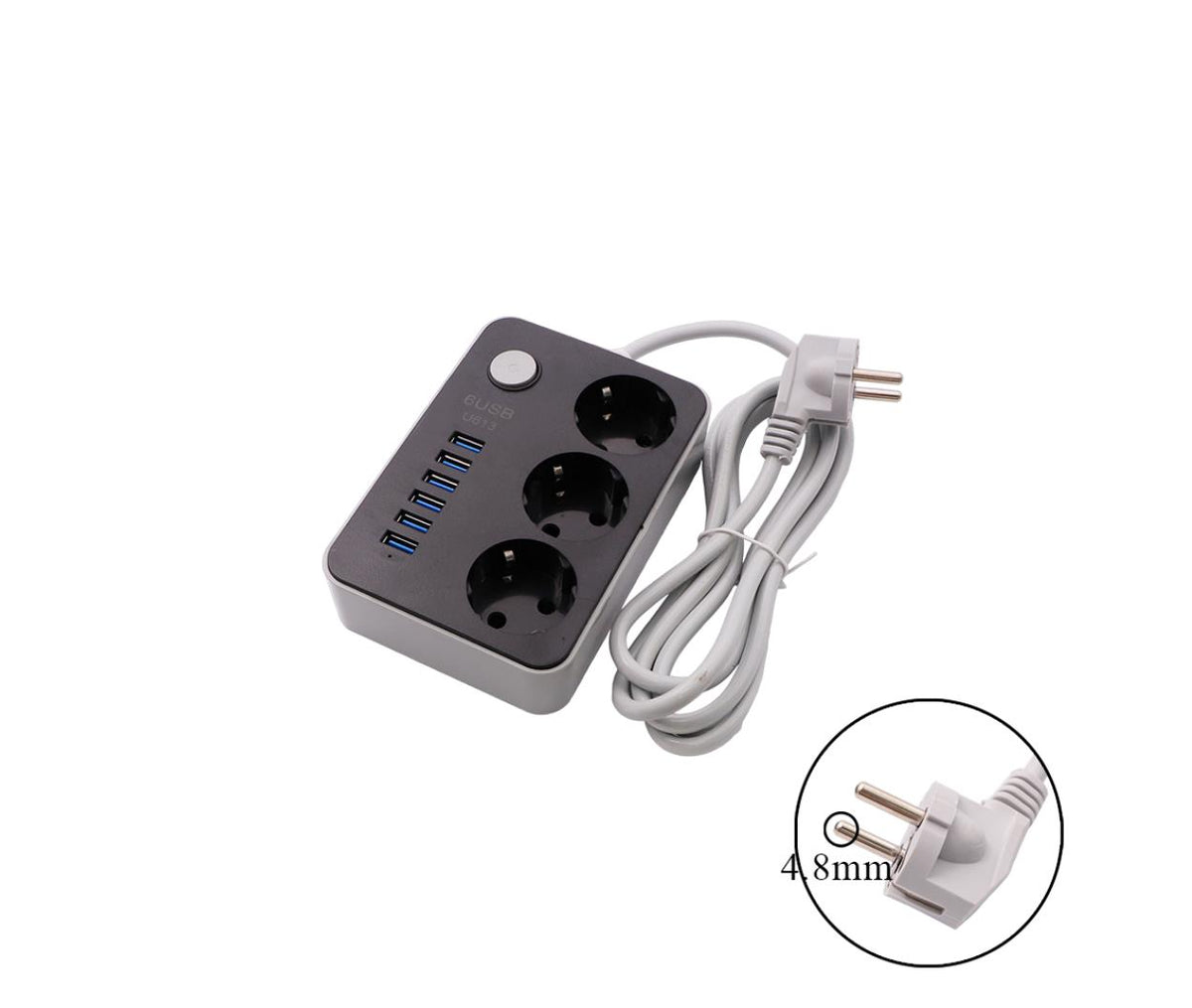Power Strip - 3 Outlet EU - 3x1.5mm - 2M - 6x USB & Switch