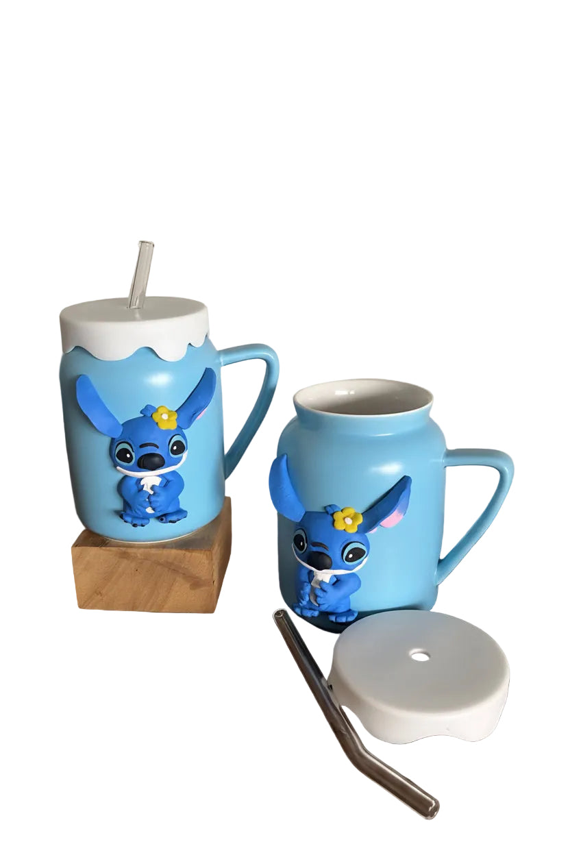 Stitch Ceramic Mug with Silicone cover and glass straw