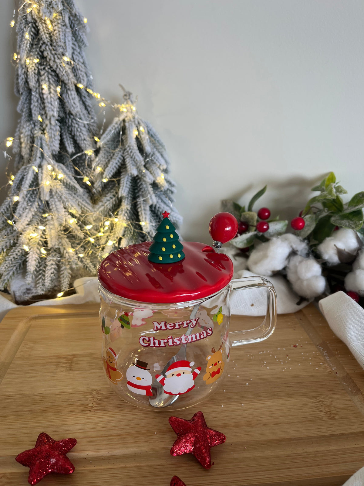 Christmas Glass Mug With Cover And Spoon