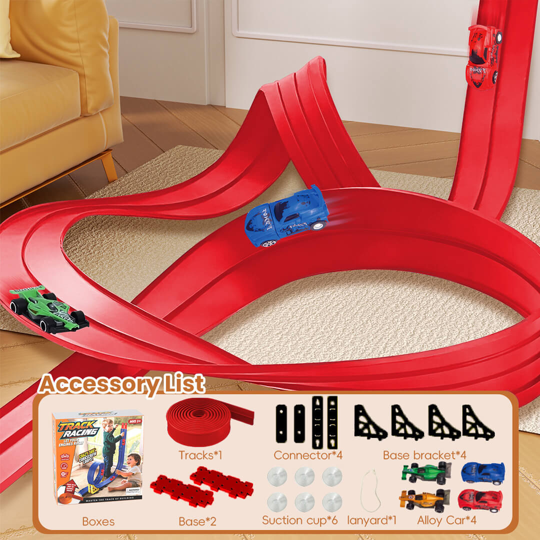 Kids' flexible red race track set with four toy cars