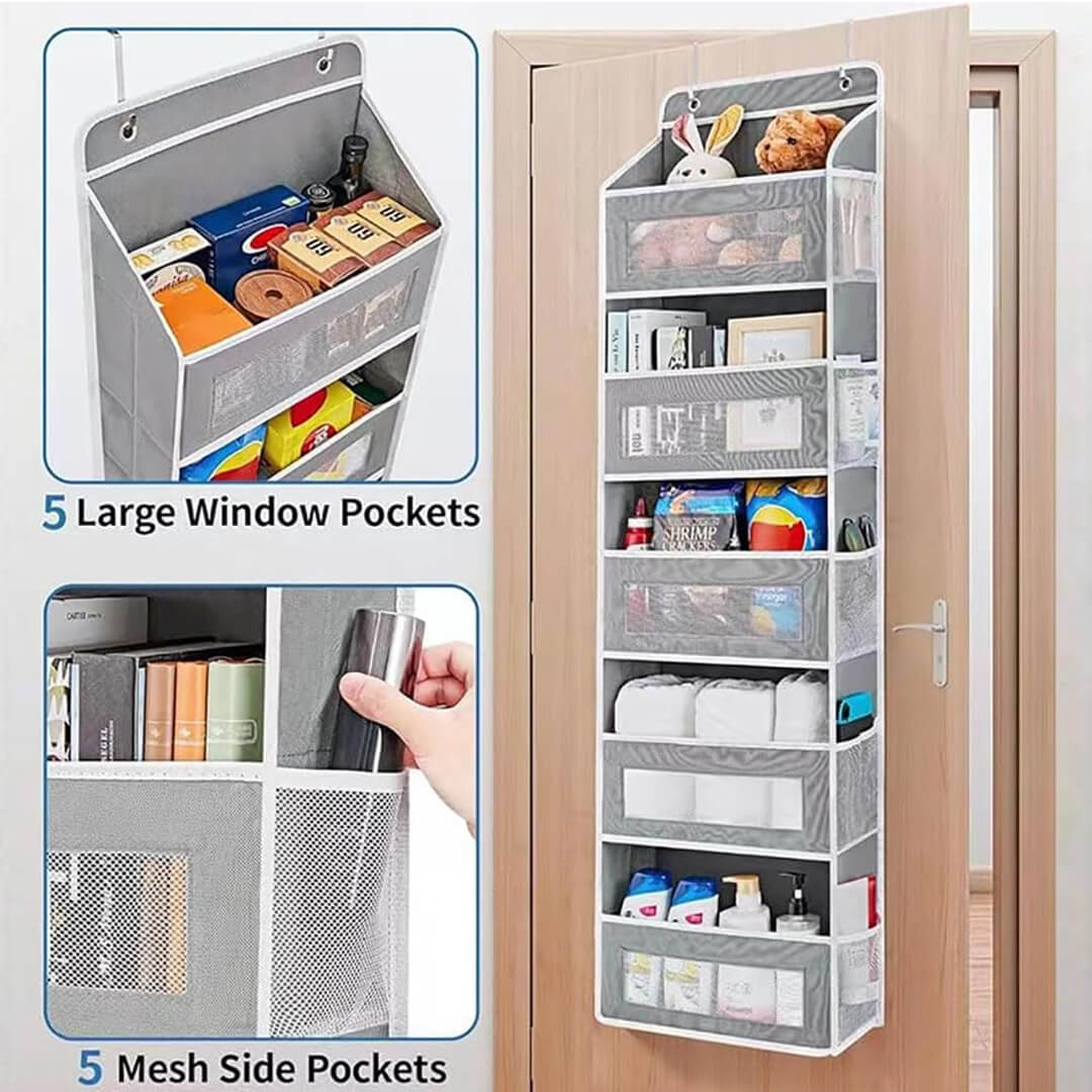 Foldable door storage organizer with 5 compartments and mesh side pockets