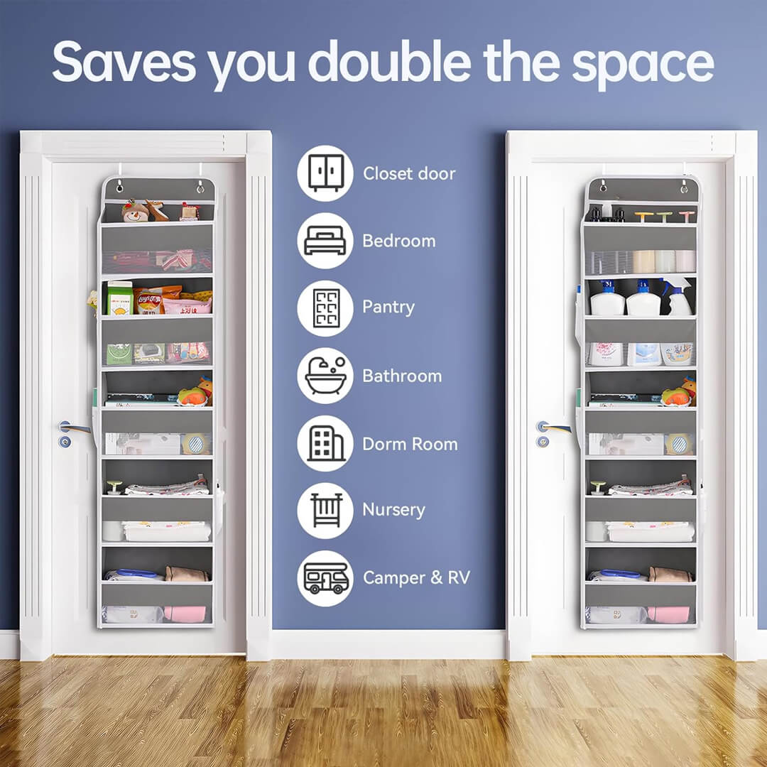 Door Fabric hanging storage organizer with 5 compartments for closet, pantry and bathroom
