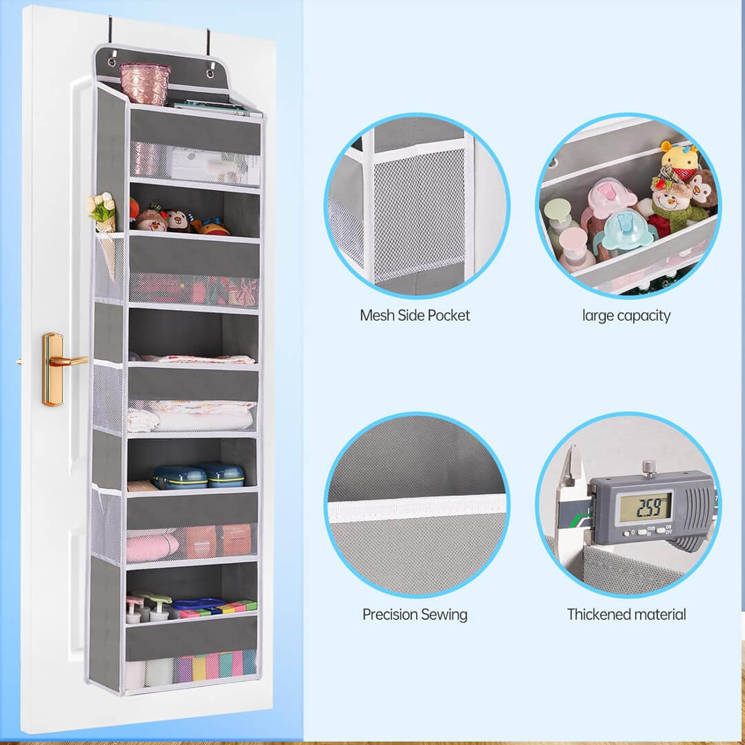 Door Fabric hanging storage organizer with 5 compartments and mesh side pockets for towels, baby items and accessories