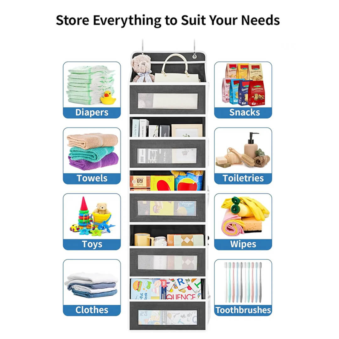 Vertical storage bag with transparent mesh pockets, store everything you need