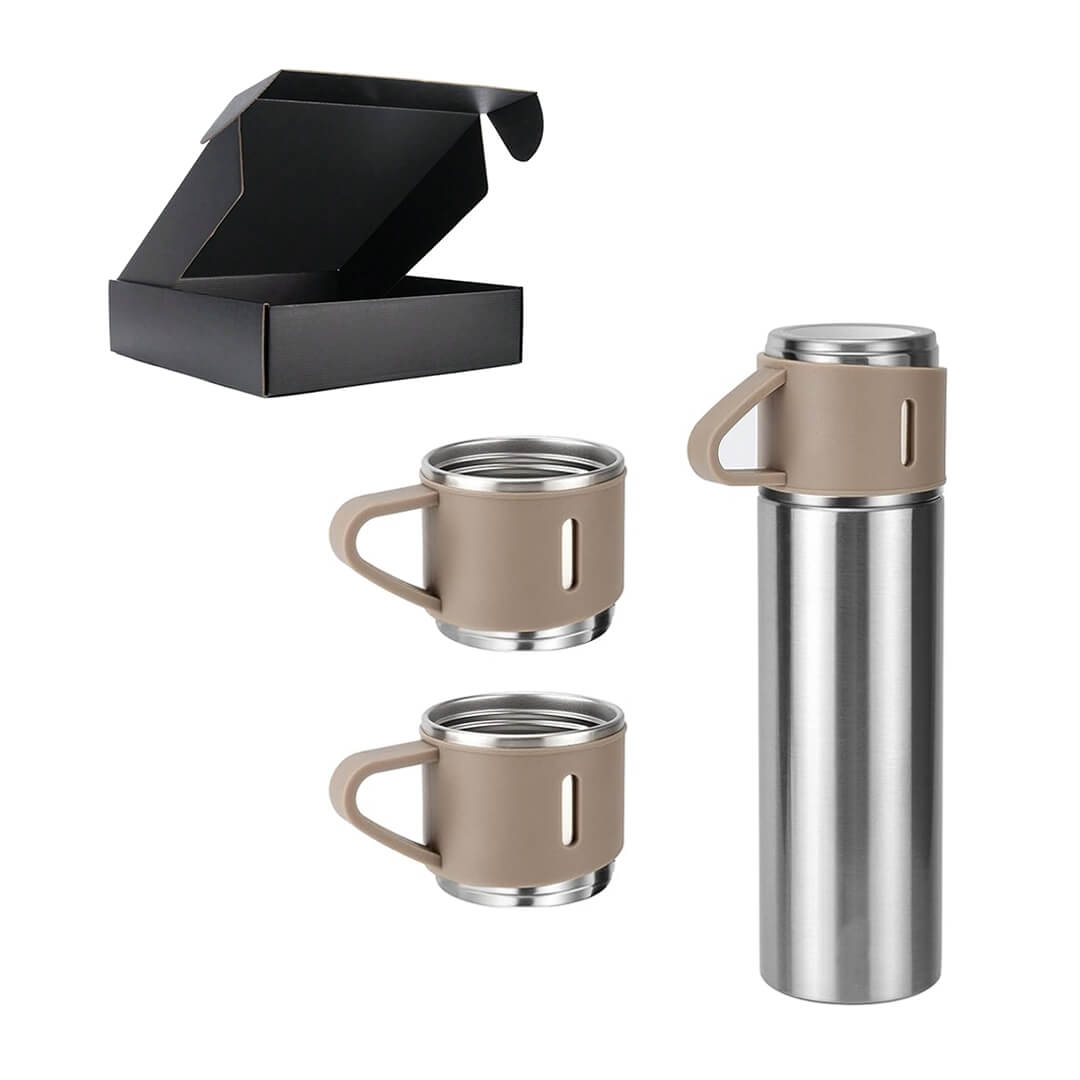 Vacuum flask travel mug with three cup lids with a box, beige color