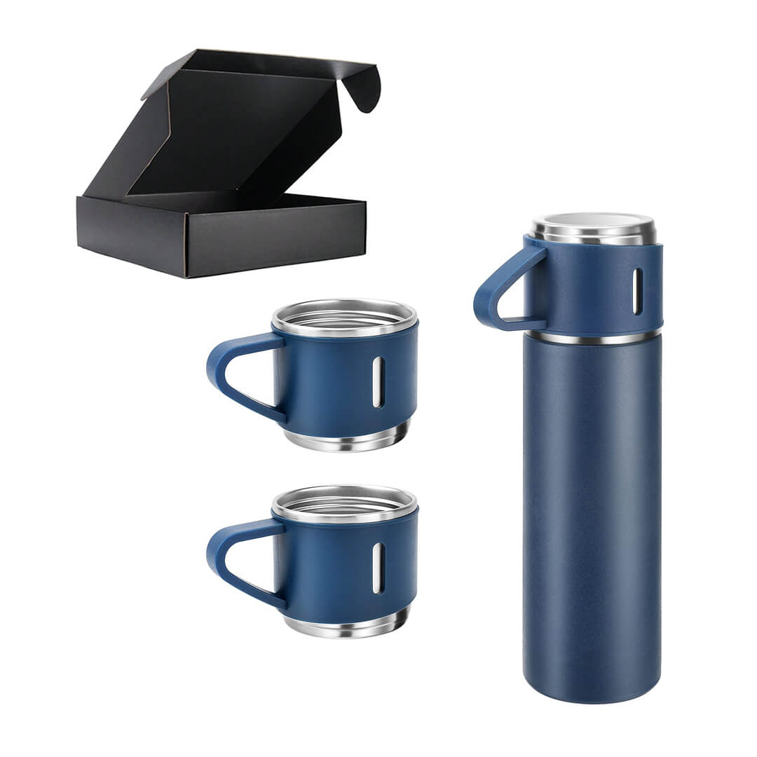 Vacuum flask travel mug with three cup lids with a box, navy color