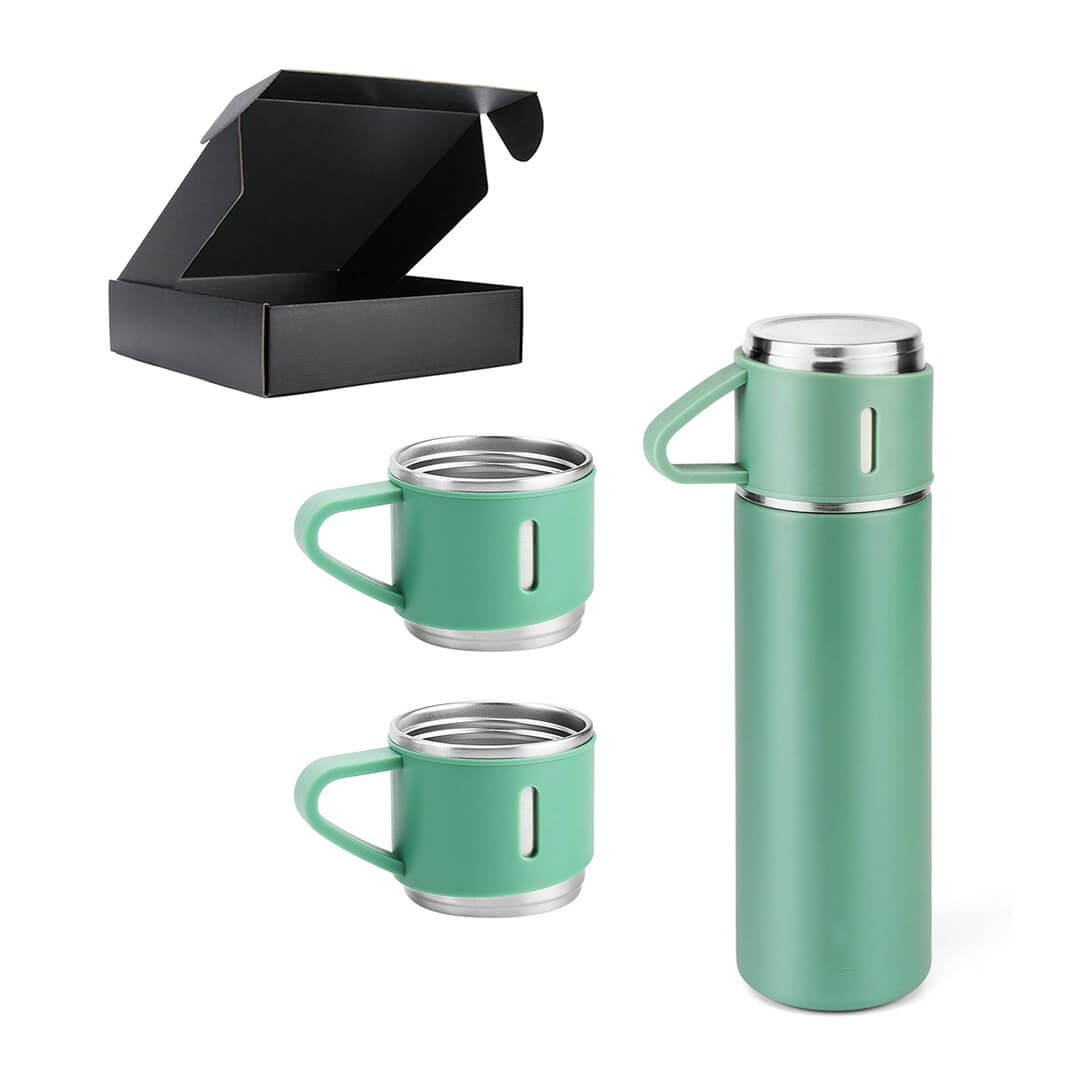Vacuum flask travel mug with three cup lids with a box, teal color
