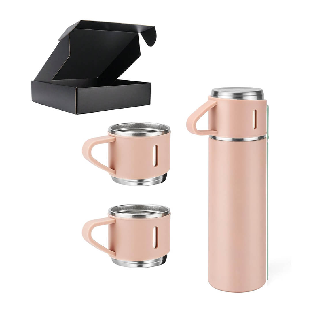 Vacuum flask travel mug with three cup lids with a box, pink color