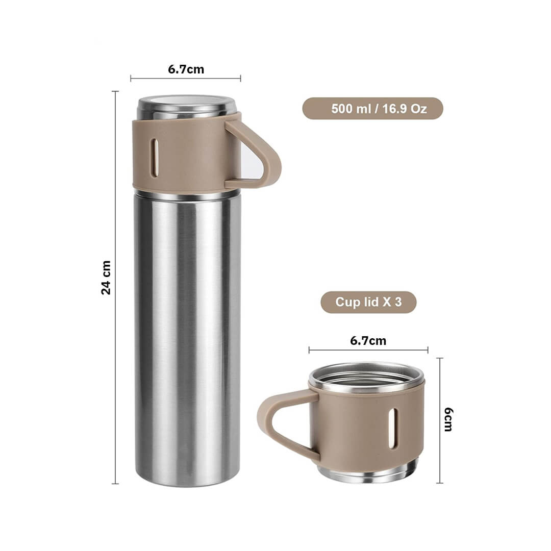 Stainless steel thermos with beige lid and cup, dimensions and capacity