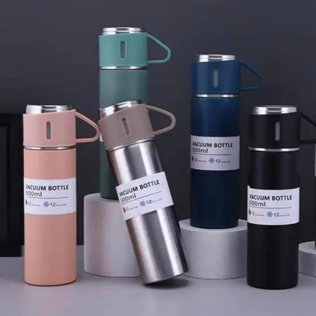 Set of vacuum bottles in various colors with 3 cups lids