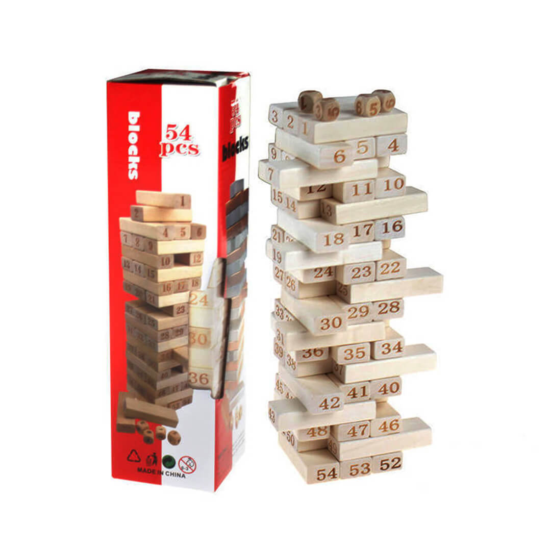 Jenga wooden stacking game with 4 dice