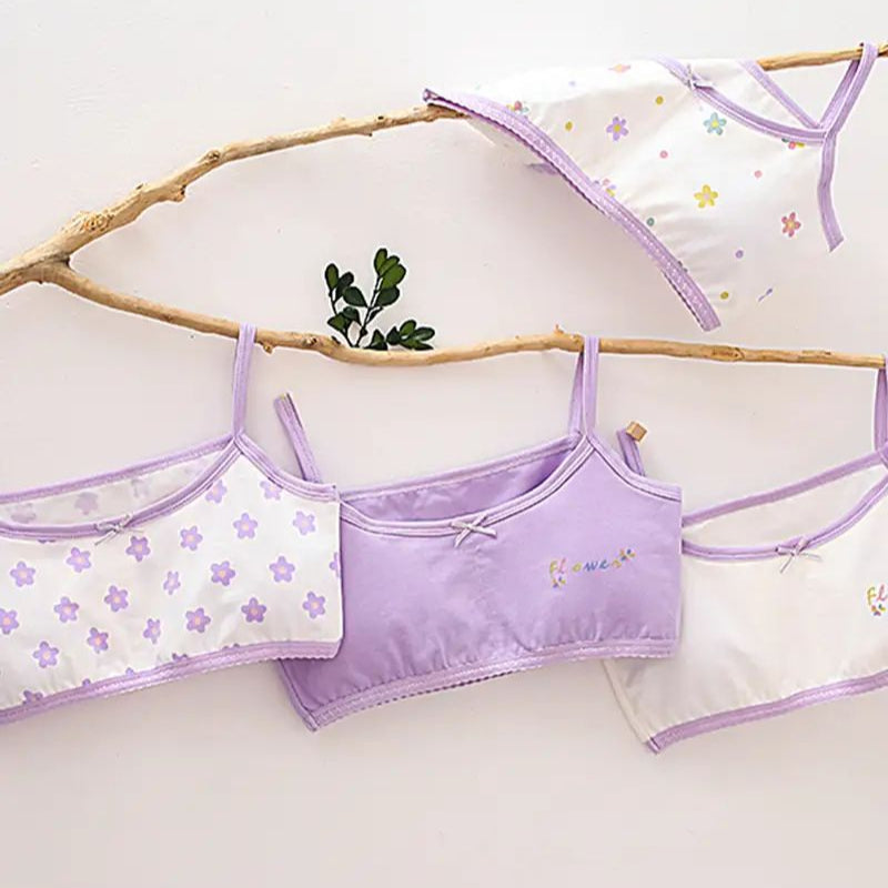 Girls Cotton Bras (4 pcs) – Thin Straps Purple Flower | Size 6–12Y