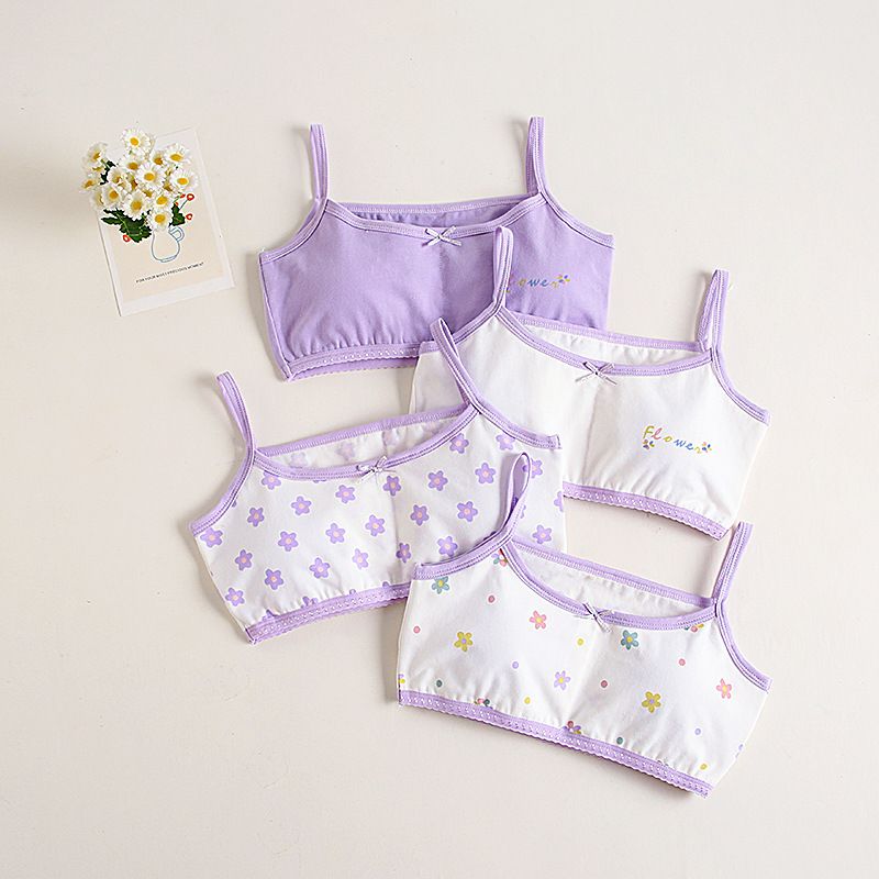 Girls Cotton Bras (4 pcs) – Thin Straps Purple Flower | Size 6–12Y