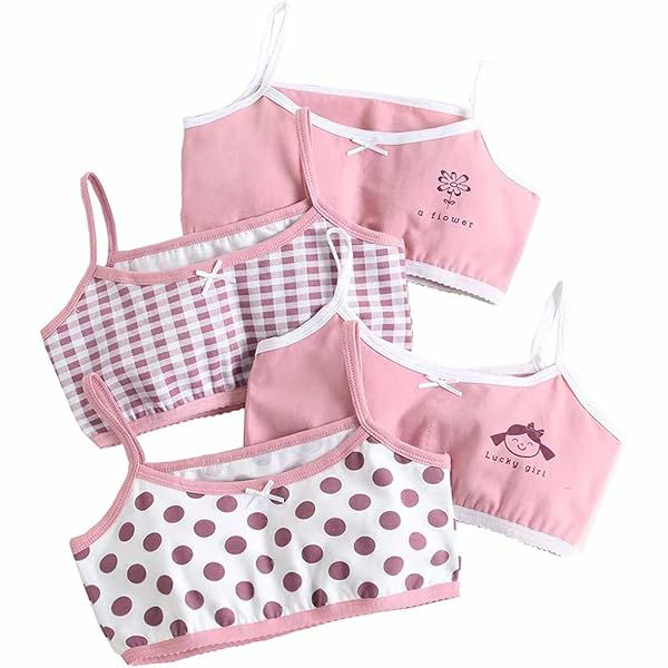 Girls Cotton Bras (4 pcs) – Thin Straps Pink Dots| Size 6–12Y