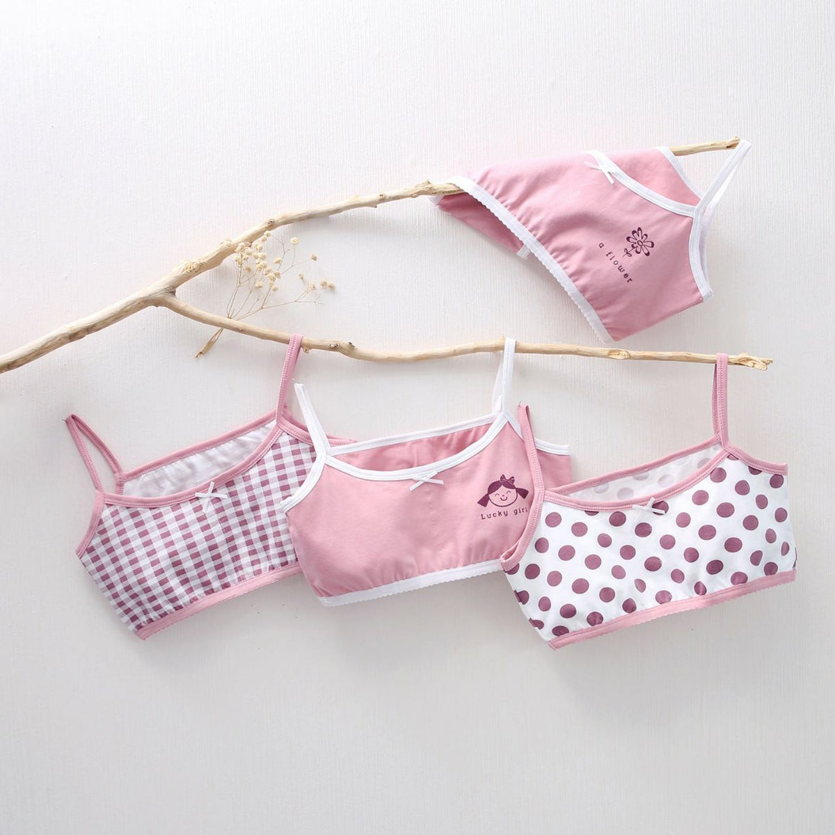 Girls Cotton Bras (4 pcs) – Thin Straps Pink Dots| Size 6–12Y