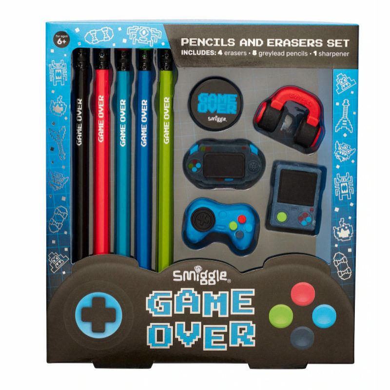Smiggle Pencils & Erasers Set | Game Over