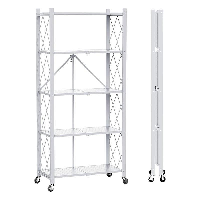 Foldable 5-Layer Metal Shelves with Wheels – White White