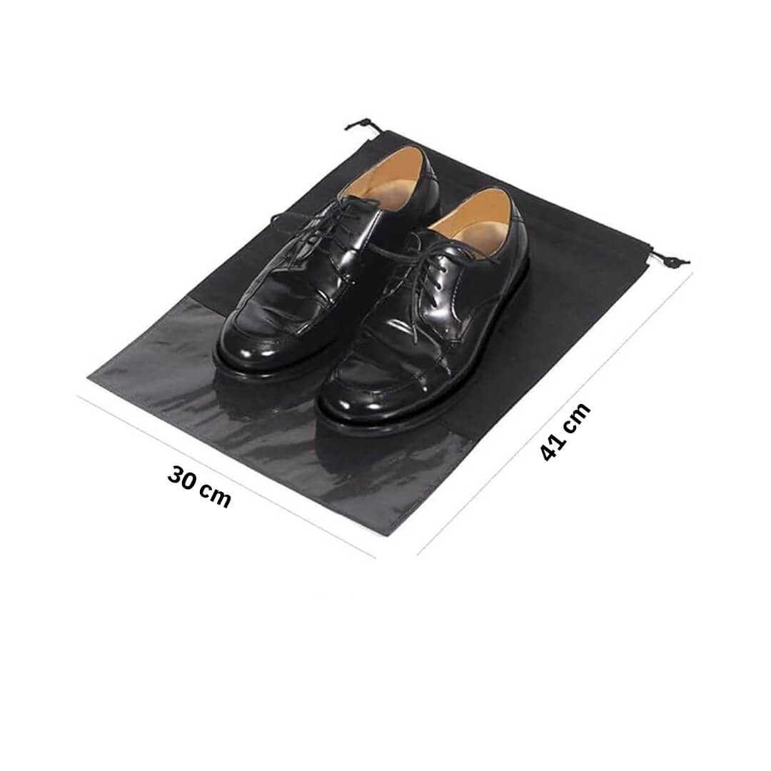 Black shoe storage bags with clear window for travel use, dimensions