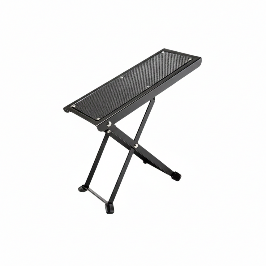 Black adjustable step stool on a white background