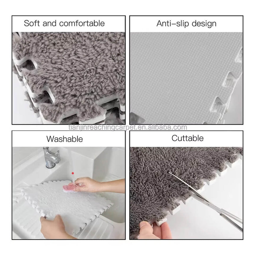 Carpet tiles with features like soft and comfortable texture, anti-slip design, washability, and cutability.