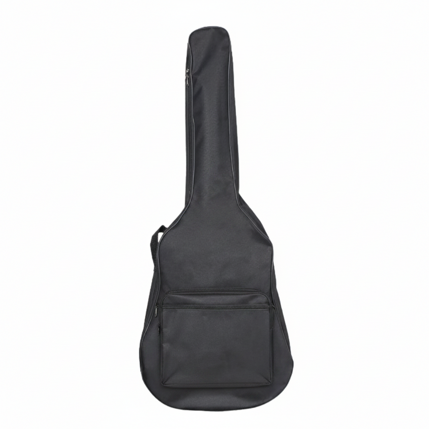 Black guitar case with a logo on a white background