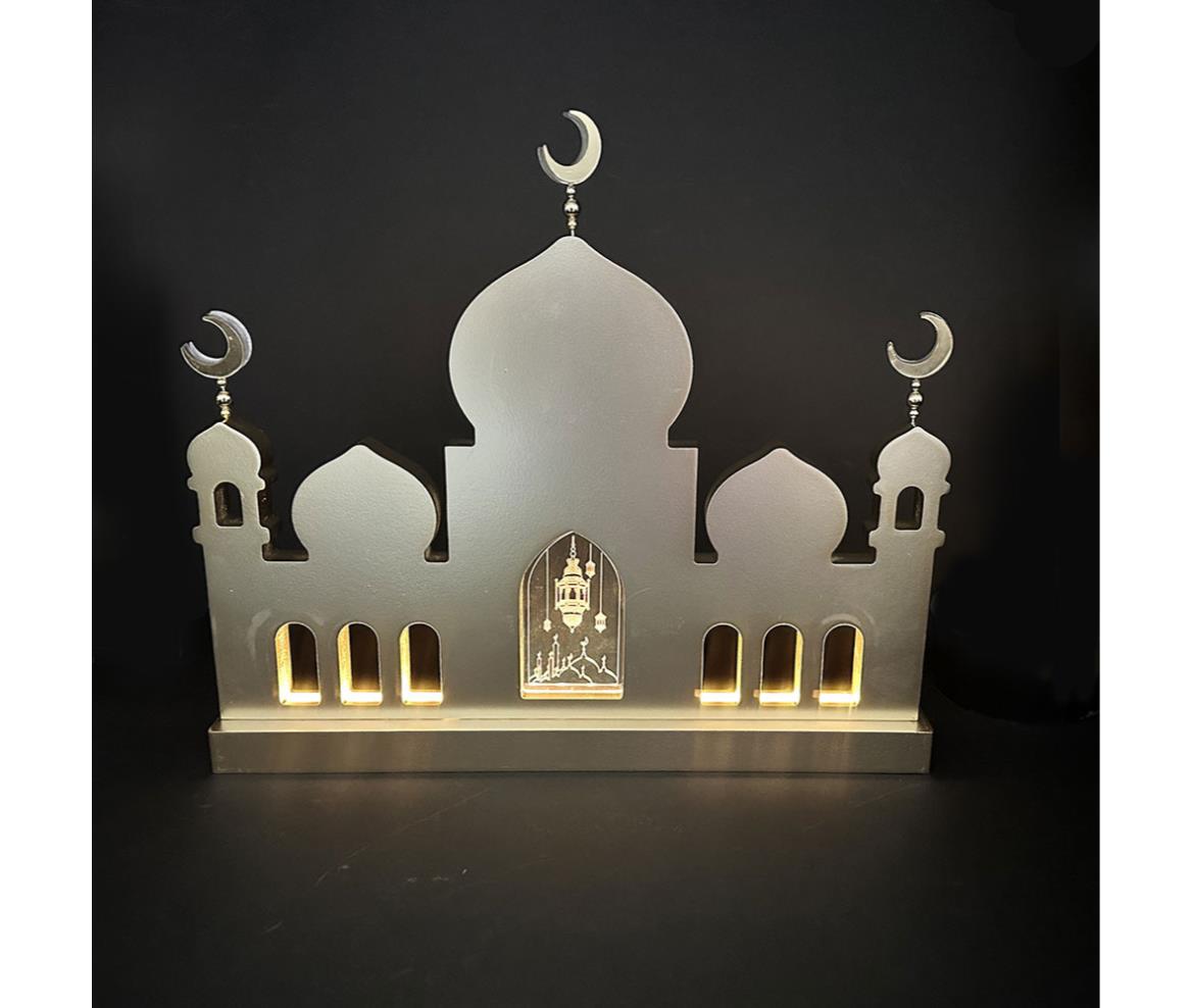 Lantern Fanous Light - Mosque - Wood - 40x34 cm - White+Gold
