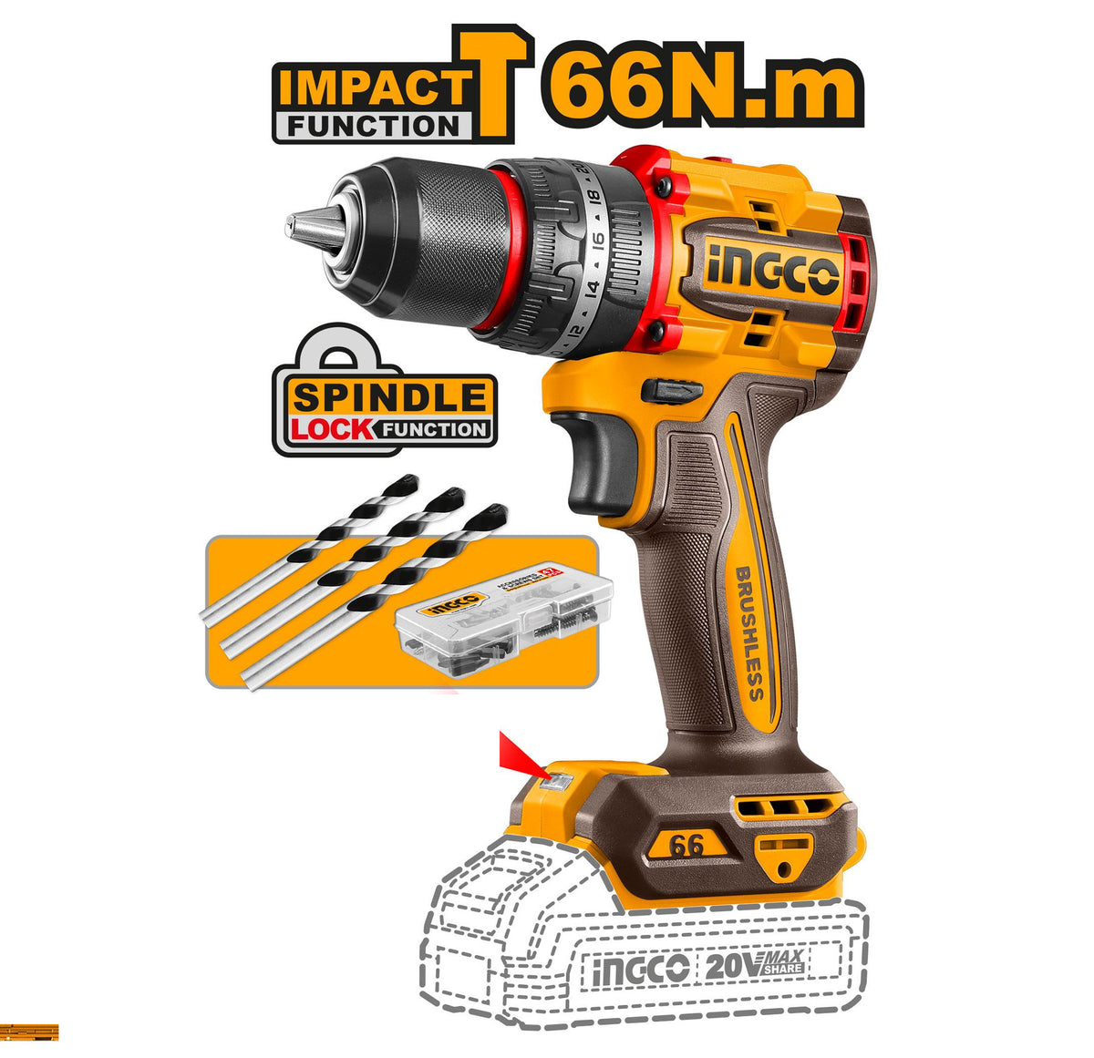INGCO 20V Impact Drill 66N.m