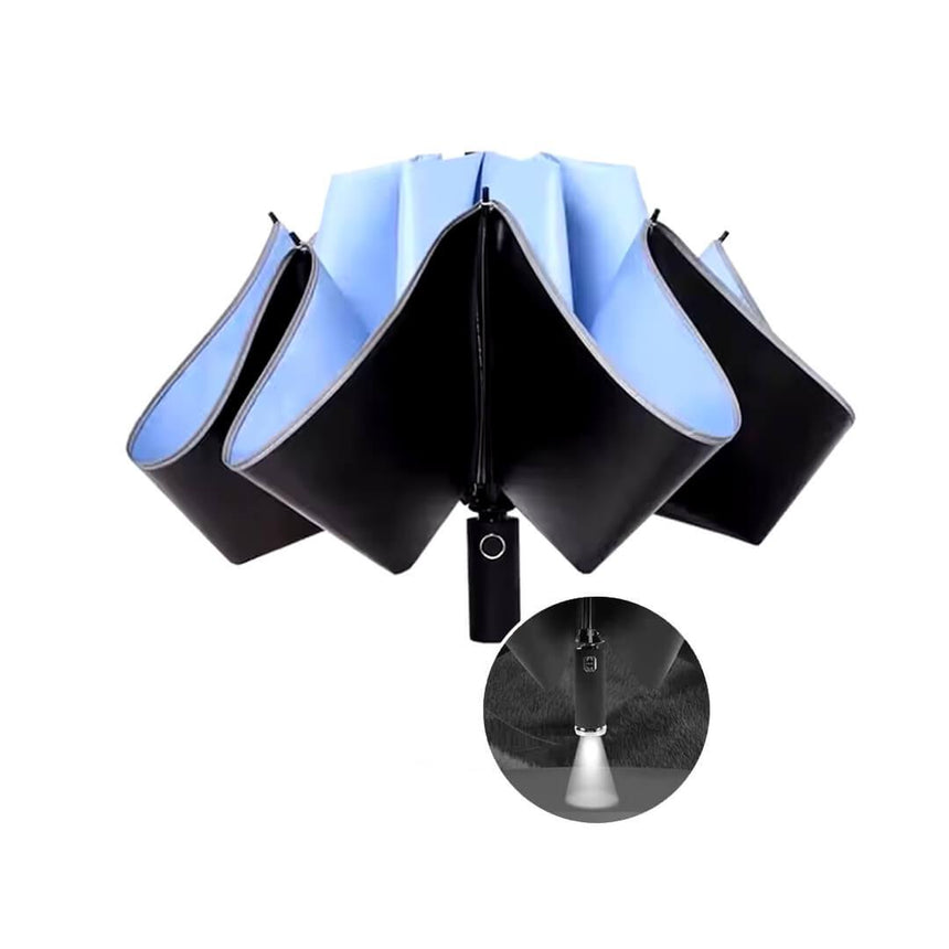 Windproof Automatic 3-Fold Inverted Umbrella with Built-In LED Light - Blue