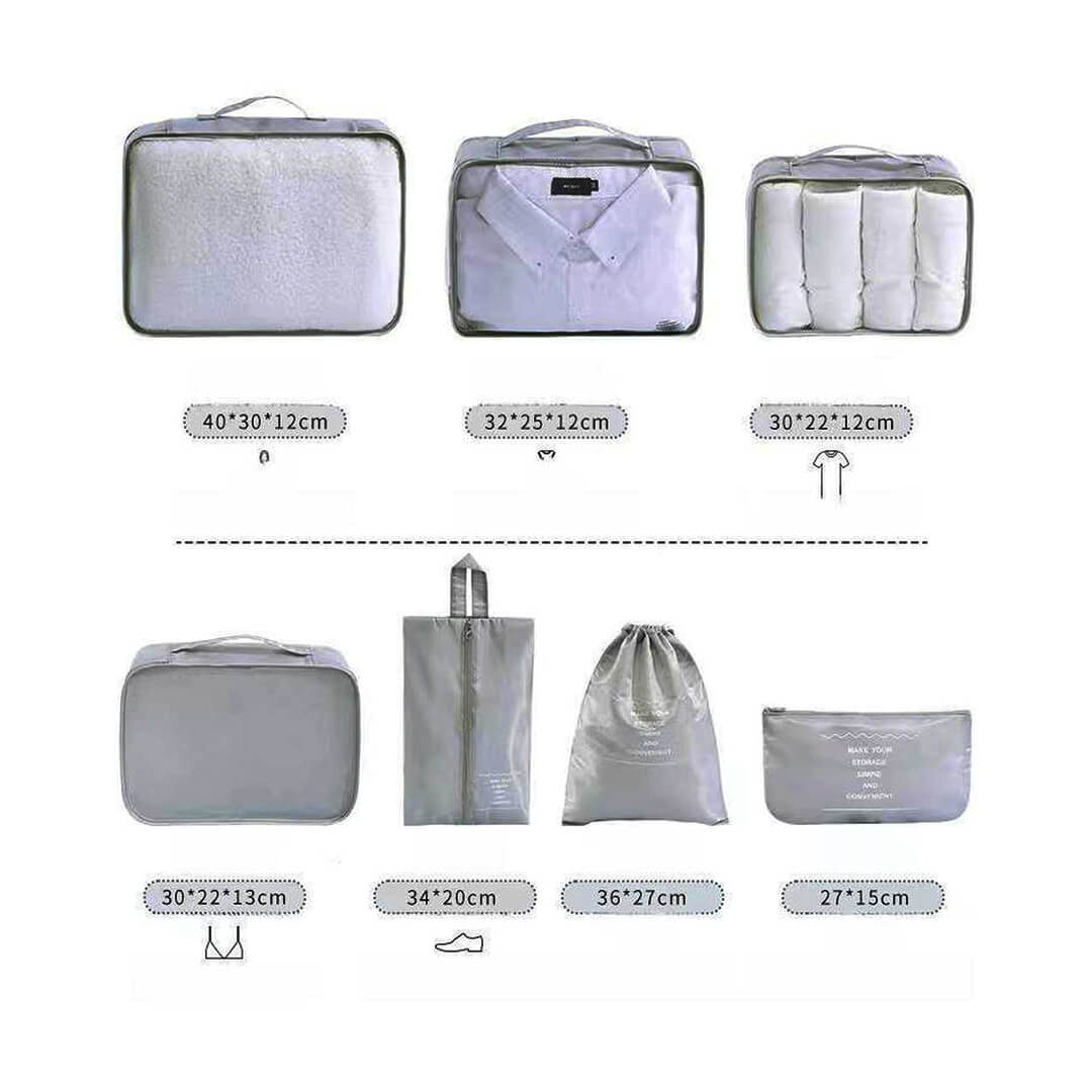 Set of gray packing cubes for luggage organization with dimensions