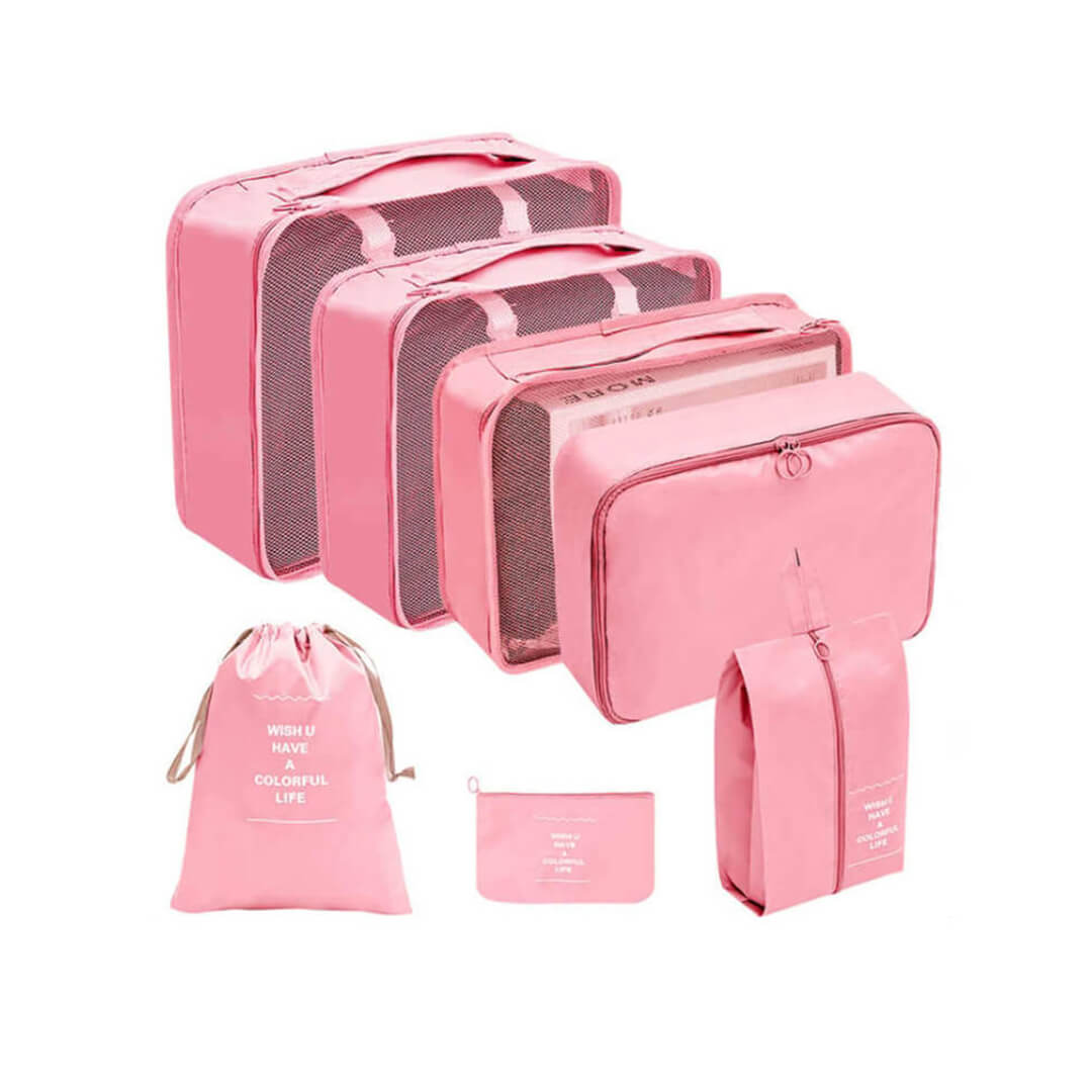 7-piece travel luggage organizer set, pink color