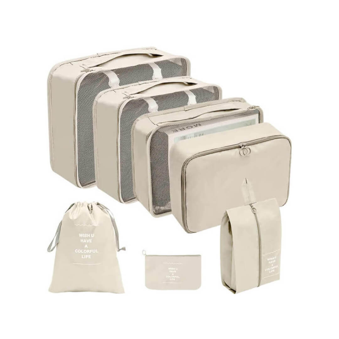 7-piece travel luggage organizer set, beige color