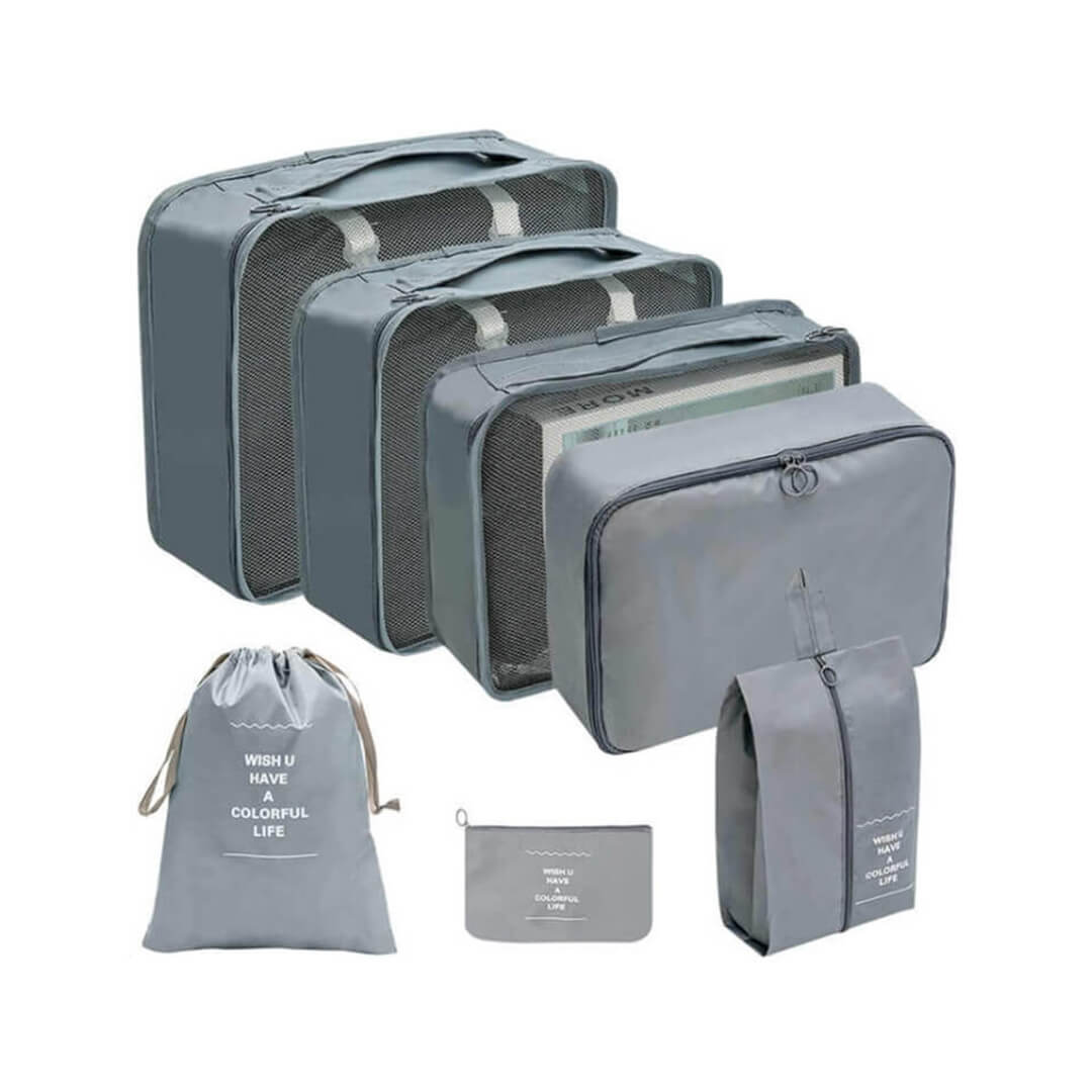 7-piece travel luggage organizer set, grey color